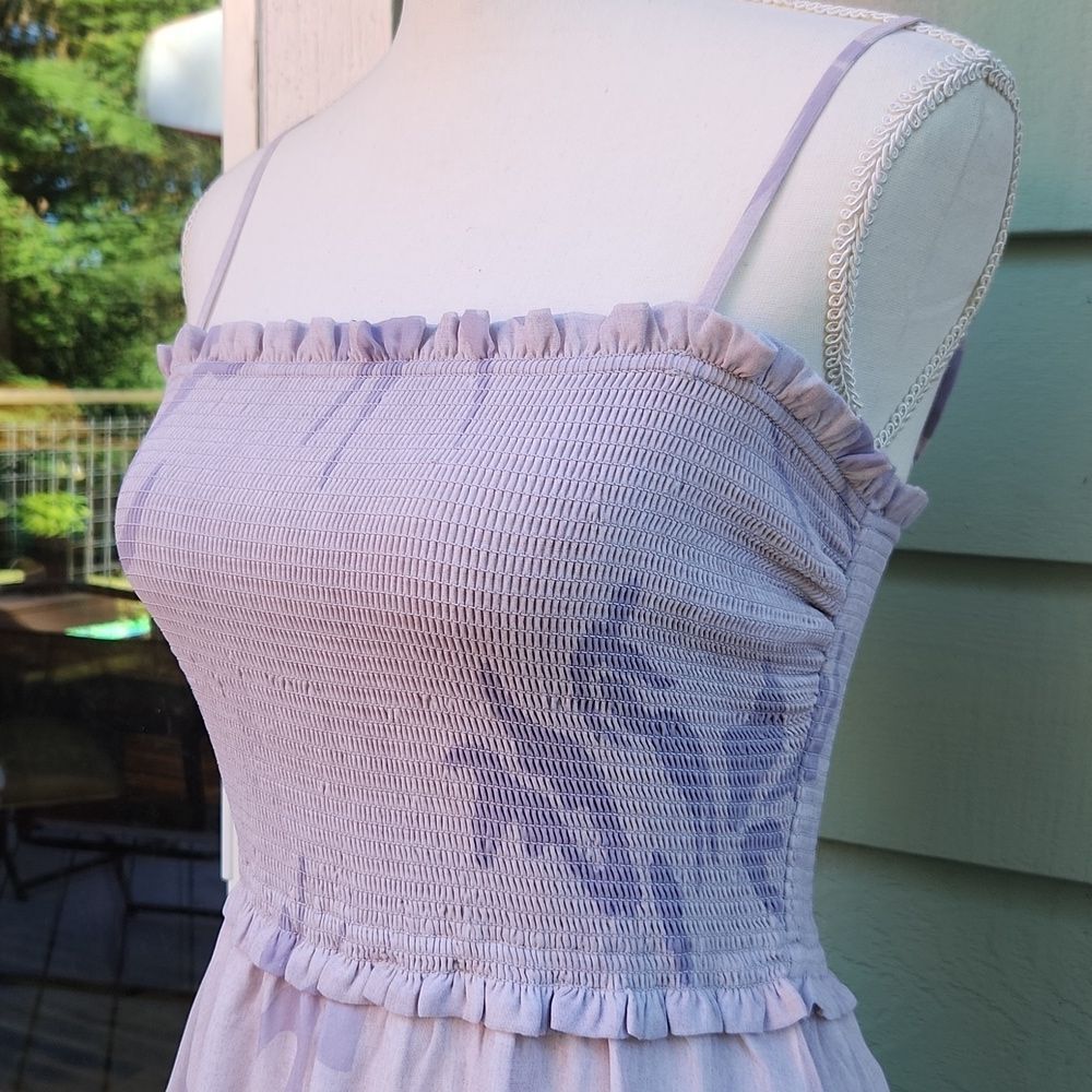 Wilfred Catamaran Tiered Smocked Printed Dress Lavender Lilac Purple Aritzia - Picture 7 of 11
